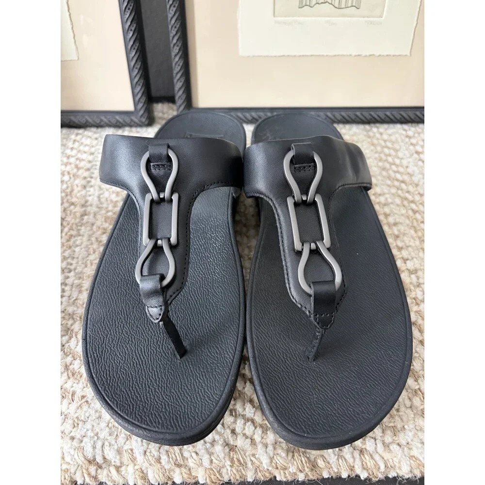 FITFLOP Thong Silver Hardwear Sandals Size 6.5/EU 37.5 US Black - Picture 2 of 6
